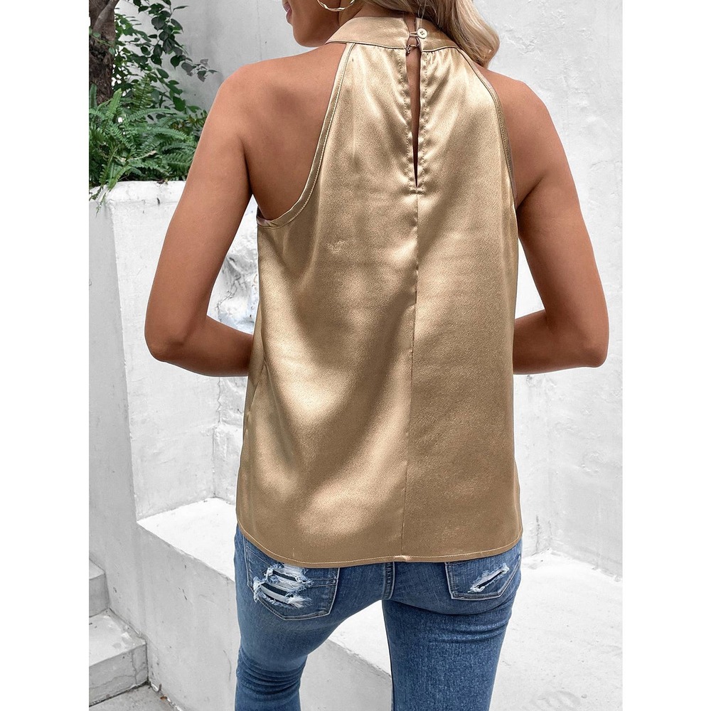Solid Keyhole Back Halter Neck Blouse gold - Picture 2 of 7